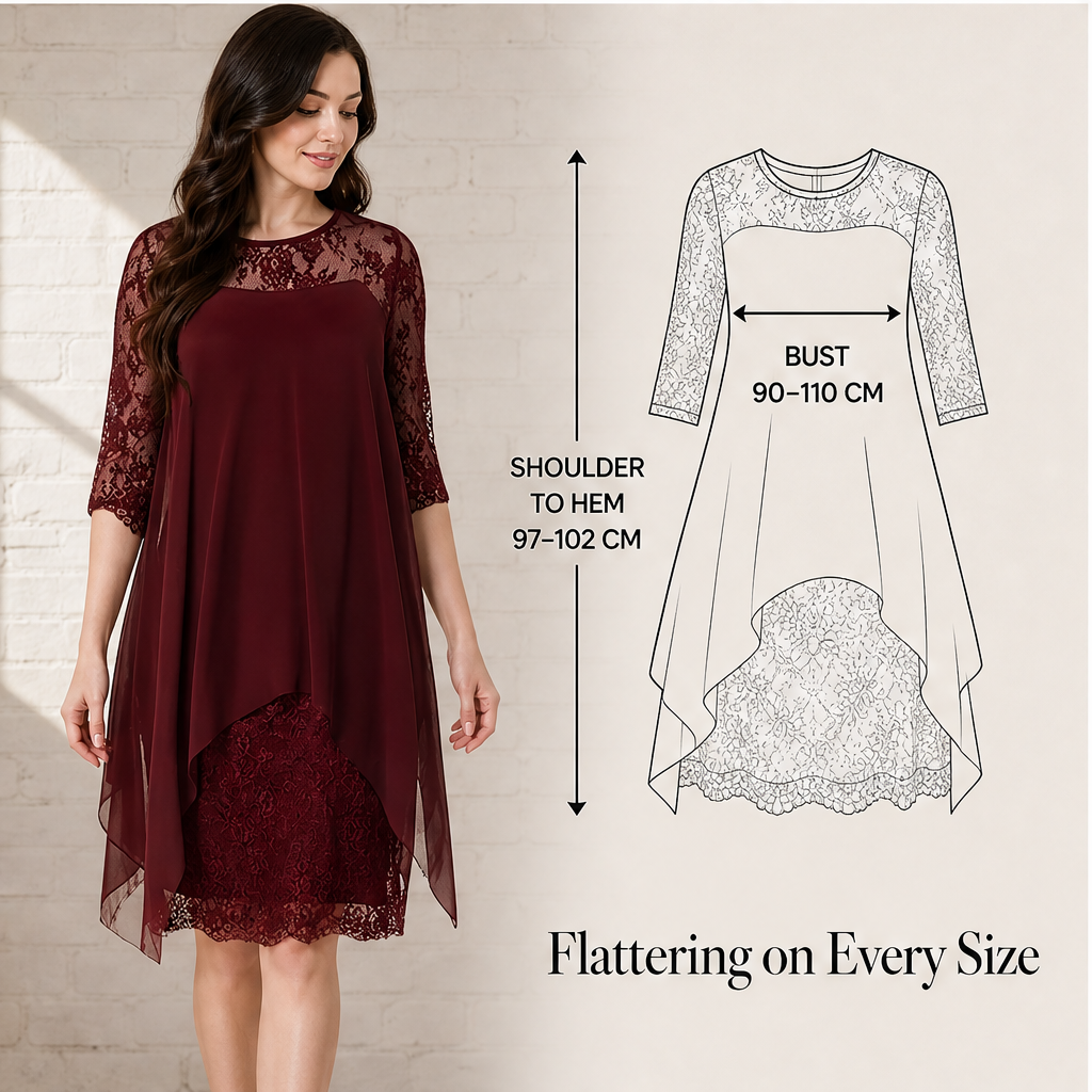 Black Lace Asymmetrical Hem Dress | Elegant Occasion Wear for Women - 3/4 Sleeve Chiffon Overlay features