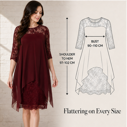 Black Lace Asymmetrical Hem Dress | Elegant Occasion Wear for Women - 3/4 Sleeve Chiffon Overlay features
