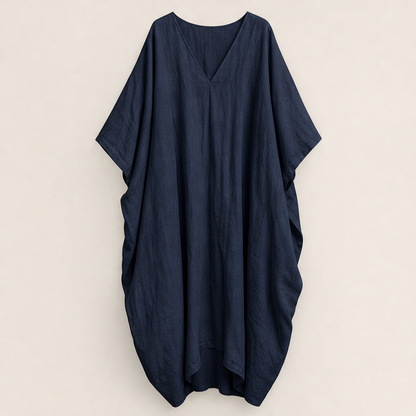 Marlowe Women's Loose-Fitting Linen Cocoon-Style Batwing Sleeve Maxi Kaftan Dress Navy