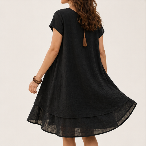 Black Loose Fit Midi Dress | Cotton Linen Tiered Hem Dress for Women - Round Neck A-Line detail