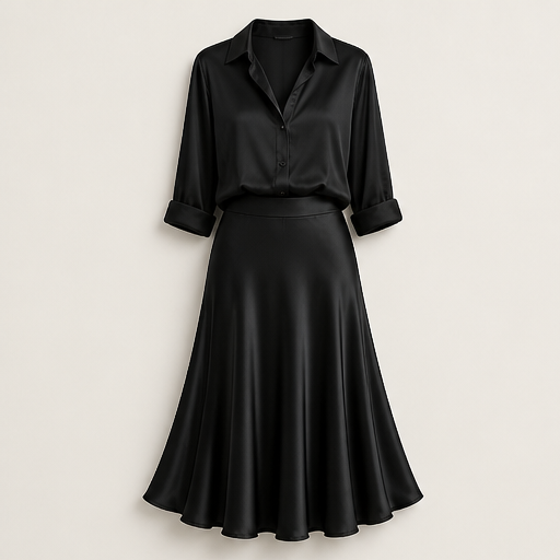 Grey Satin Shirt & Midi Skirt Set | Two Piece Button Down Top with High Waist Flared Skirt Black