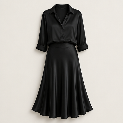 Grey Satin Shirt & Midi Skirt Set | Two Piece Button Down Top with High Waist Flared Skirt Black