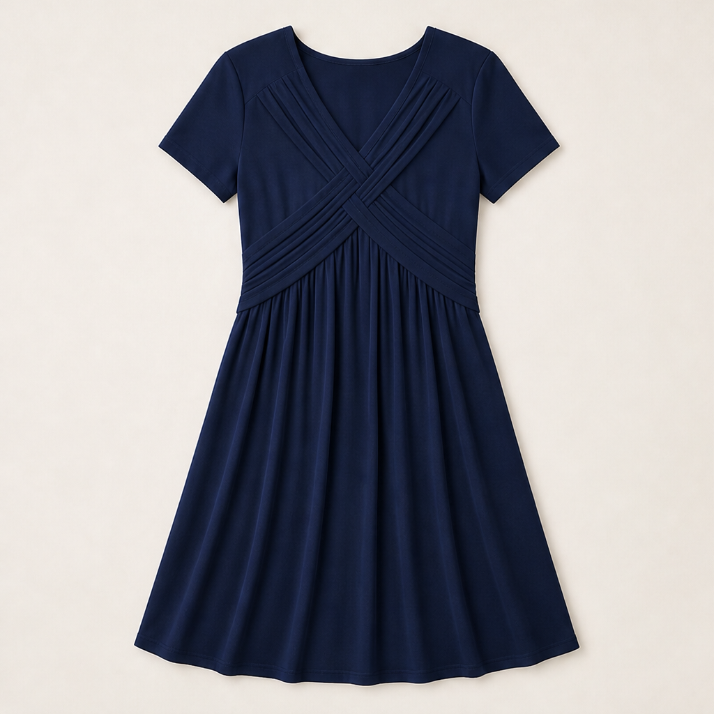 Verona Women's Cross-Front V-Neck Pleated A-Line Dress with Pockets - Short Sleeve Midi Dress Navy
