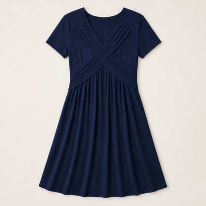 Verona Women's Cross-Front V-Neck Pleated A-Line Dress with Pockets - Short Sleeve Midi Dress Navy