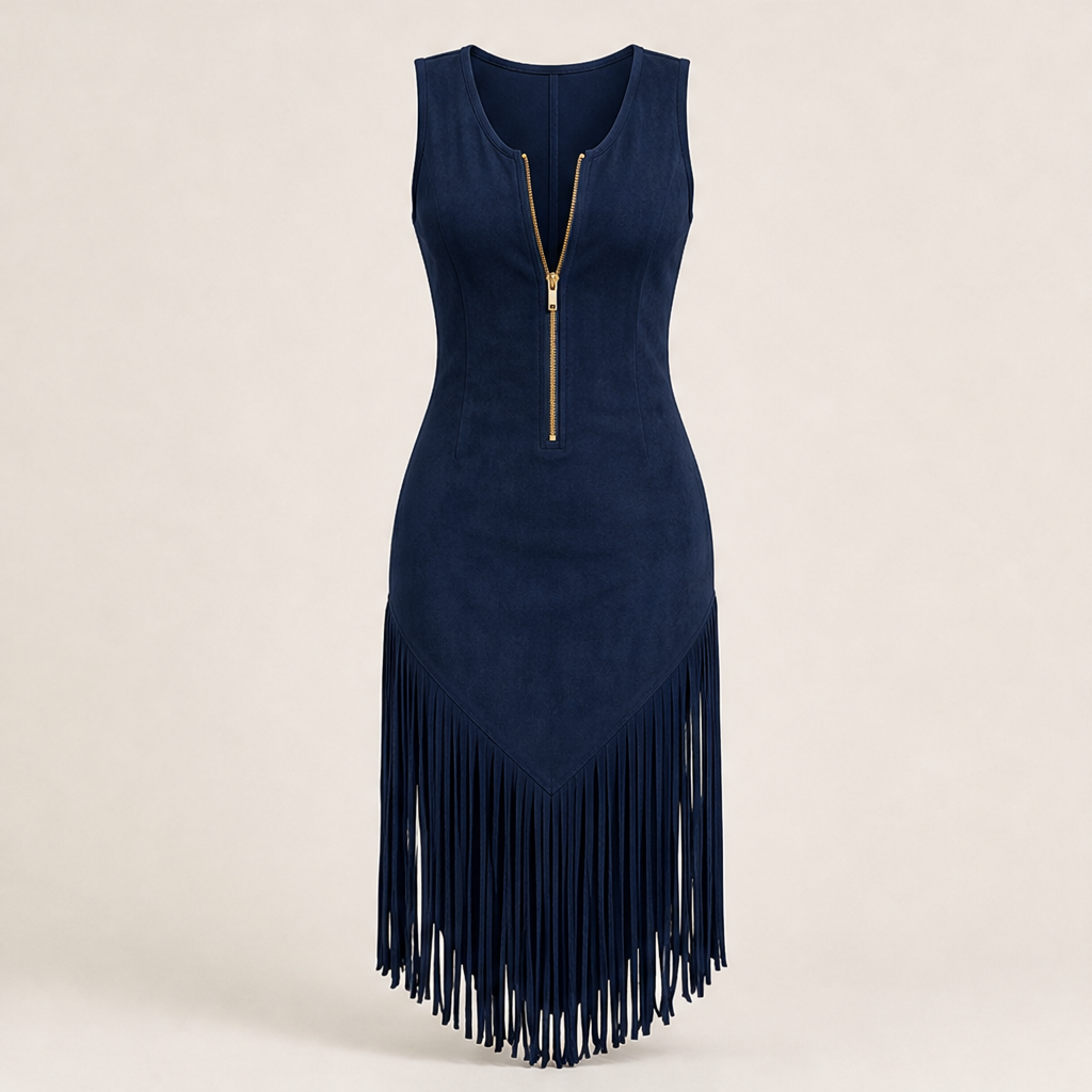 Black Fringe Western Dress | Retro Sleeveless Bodycon Midi - Zip Front with Tassel Hem Navy