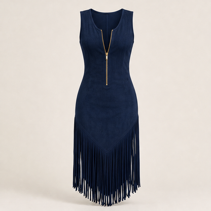Black Fringe Western Dress | Retro Sleeveless Bodycon Midi - Zip Front with Tassel Hem Navy