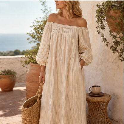 Beige Stripe Off Shoulder Maxi Dress | Lantern Sleeve Boho Dress - Relaxed Fit with Side Pockets features