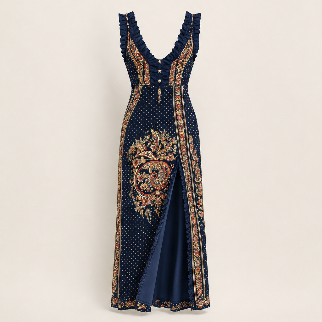 Black Paisley Print Maxi Dress | Bohemian Deep V-Neck Dress with High Slit - Sleeveless Ruffle Strap Navy