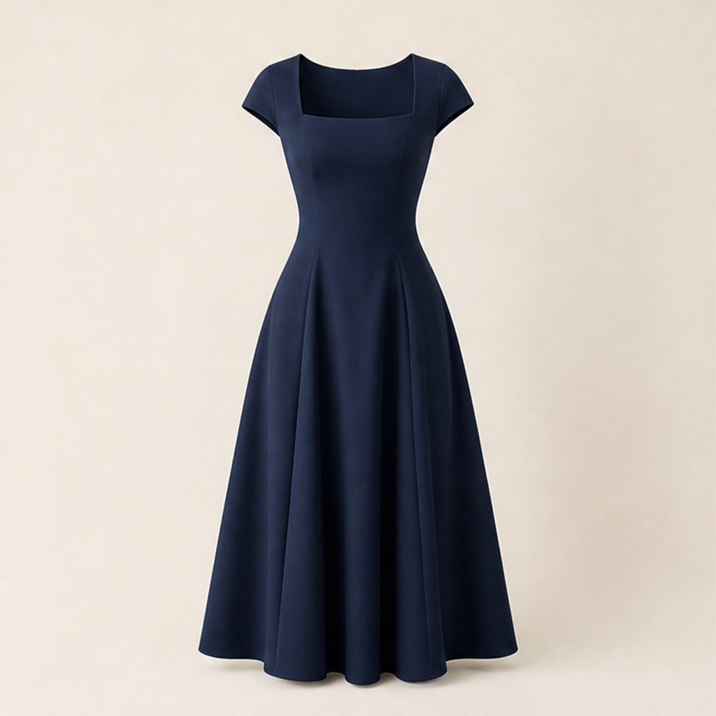 Black Square Neck A-Line Dress | Elegant Cap Sleeve Midi - Slim Fit Long Dress Navy