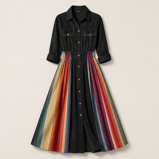 Navy Collar Rainbow Stripe Maxi Dress | Boho Shirt Dress with Elastic Waist - Long Length Split Skirt Black
