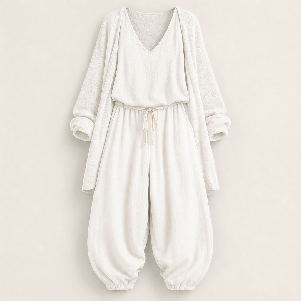 Green Three-Piece Harem Trouser Set | Tank Top, Cardigan & Wide-Leg Pants - Women's Knit Loungewear Ivory