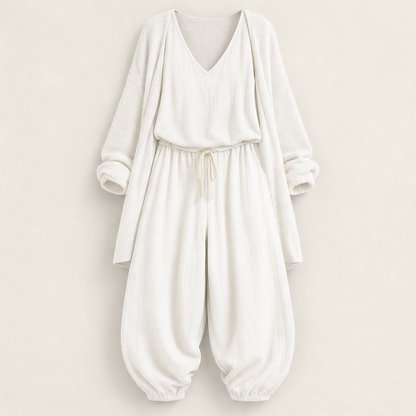 Green Three-Piece Harem Trouser Set | Tank Top, Cardigan & Wide-Leg Pants - Women's Knit Loungewear Ivory