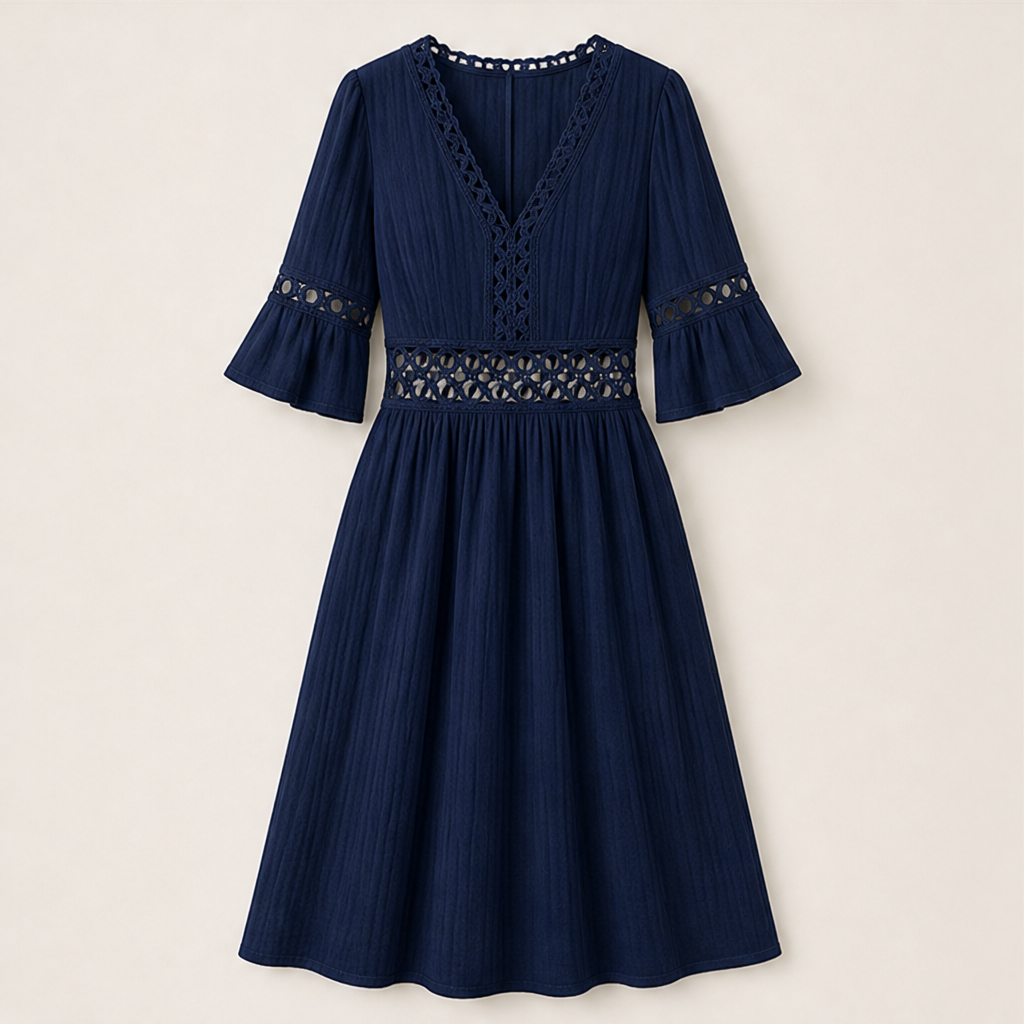 White V-Neck Midi Dress | Lace Cutout Textured Cotton Dress - Flutter Sleeve Navy