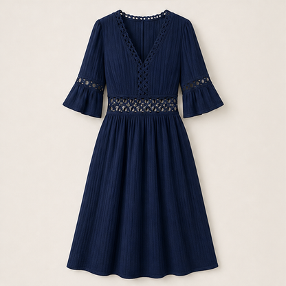 White V-Neck Midi Dress | Lace Cutout Textured Cotton Dress - Flutter Sleeve Navy