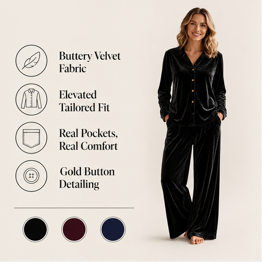 Black Velvet Loungeset | Two-Piece Shirt & Wide Leg Trouser Set for Women features