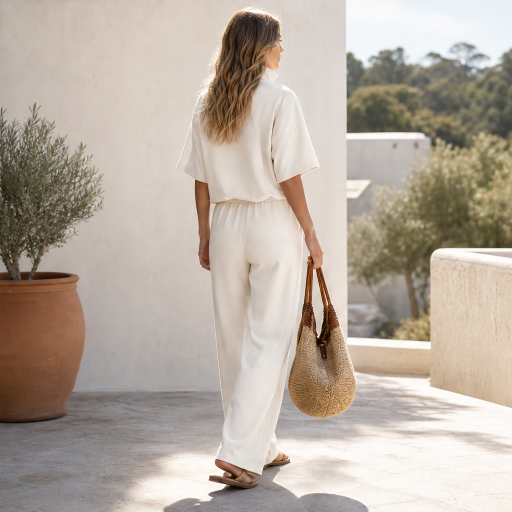 Cream Zip Neck Top and Trousers Set | Casual Two-Piece Loungewear - Wide Leg Drawstring Trousers features