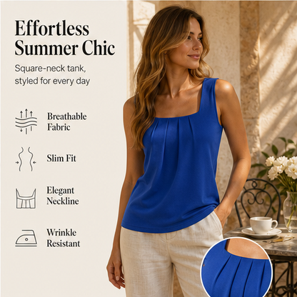 Black Square Neck Tank Top | Sleeveless Pleated Blouse - Breathable Summer Top for Women features