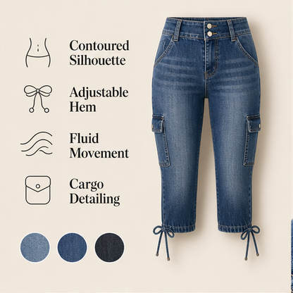 Dark Blue Capri Cargo Jeans | Women's Cropped Denim Trousers - Adjustable Hem, Straight Leg features