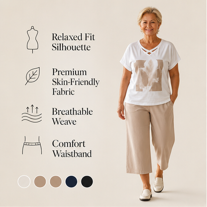Beige Cropped Trouser & Top Set | Casual Two-Piece Outfit for Women - V-Neck Tee with Wide-Leg Culottes features