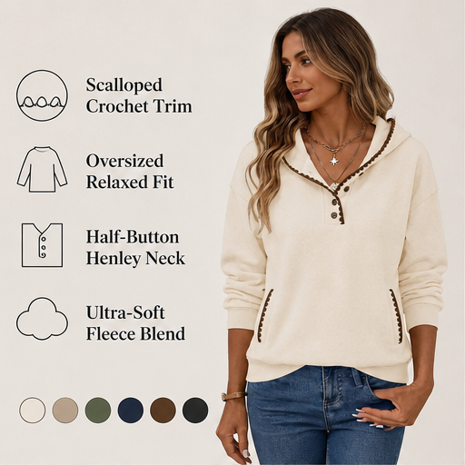 Cream Hooded Tunic Sweatshirt | Oversized Scalloped Trim Hoodie - Half-Button V-Neck with Side Pockets features