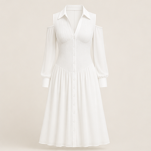 Brown Cold Shoulder Midi Dress | Chiffon Sleeve Shirt Dress - Ruched Waist Button Front White