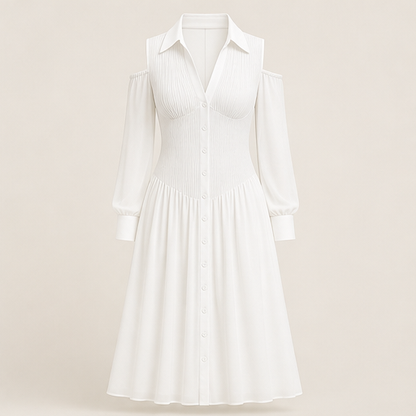 Brown Cold Shoulder Midi Dress | Chiffon Sleeve Shirt Dress - Ruched Waist Button Front White