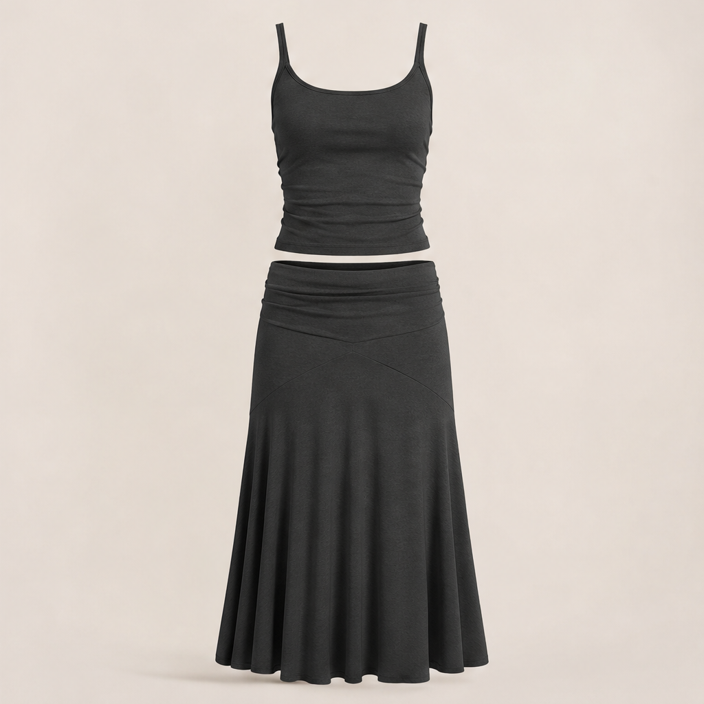 Grey Cami & Flared Midi Skirt Set | Two-Piece Matching Set - Ribbed Cami Top with Flowy Skirt Black