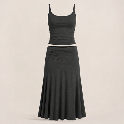 Grey Cami & Flared Midi Skirt Set | Two-Piece Matching Set - Ribbed Cami Top with Flowy Skirt Black