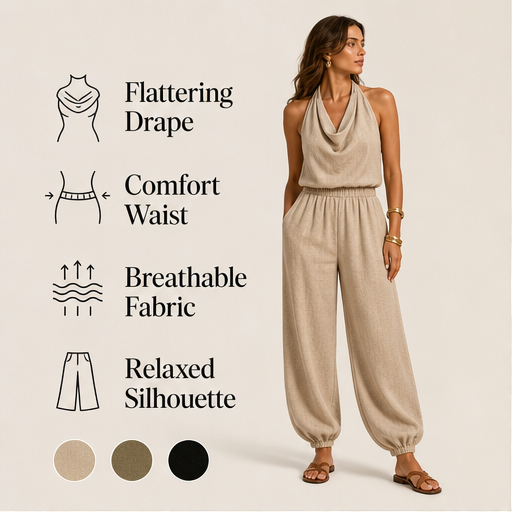 Beige Halter Neck Jumpsuit | Wide Leg Draped Style - Linen Blend Summer Playsuit features