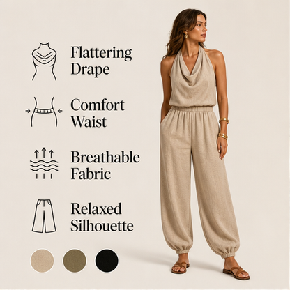 Beige Halter Neck Jumpsuit | Wide Leg Draped Style - Linen Blend Summer Playsuit features
