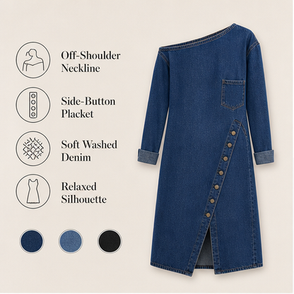 Denim Off-Shoulder Dress | Midi Length Casual Dress - Long Sleeve with Button Front Split features