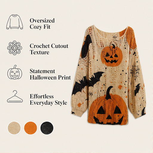Black Pumpkin Print Sweater | Halloween Crochet Cutout Knit Top - Oversized Long Sleeve for Women features