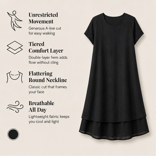 Black Loose Fit Midi Dress | Cotton Linen Tiered Hem Dress for Women - Round Neck A-Line features