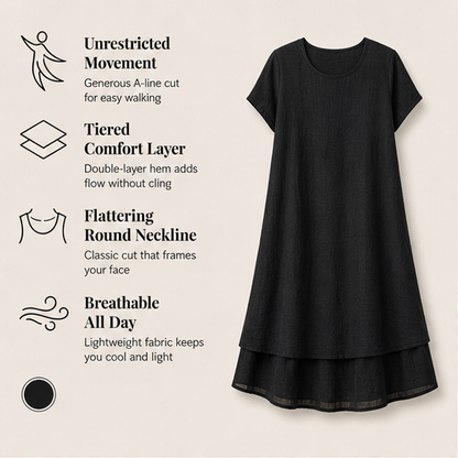 Black Loose Fit Midi Dress | Cotton Linen Tiered Hem Dress for Women - Round Neck A-Line features