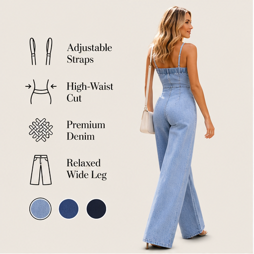 Denim Wide Leg Jumpsuit | Spaghetti Strap Button-Front Style - High Waist for Women features