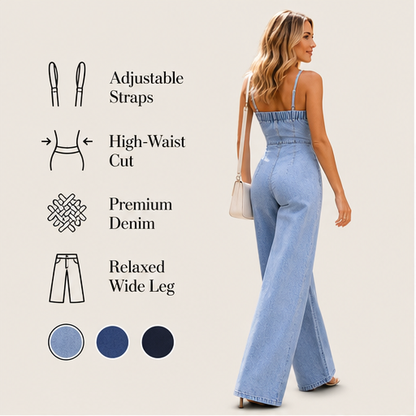 Denim Wide Leg Jumpsuit | Spaghetti Strap Button-Front Style - High Waist for Women features