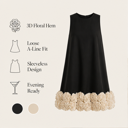 Black 3D Flower Mini Dress | Sleeveless Loose A-Line - Floral Appliqué Hem features