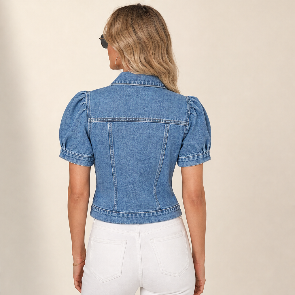 Light Blue Denim Crop Jacket | Vintage Bubble Sleeve Slim Fit - Cropped Jean Jacket for Women features