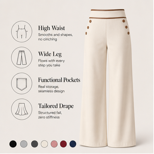 Ecru Wide-Leg Trousers | High-Waisted Tailored Trousers for Women - Contrast Trim with Button Detail features