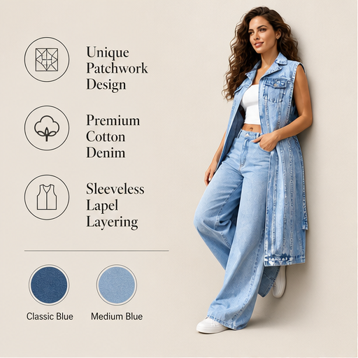 Light Wash Denim Vest Dress | Sleeveless Longline Jean Jacket - High Slit Midi features
