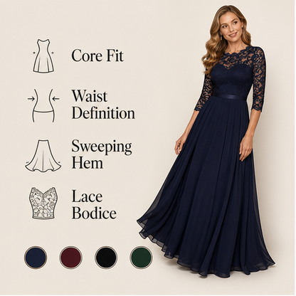 Navy Lace Maxi Dress | Elegant Evening Gown for Women - High-Waisted with Three-Quarter Sleeves features