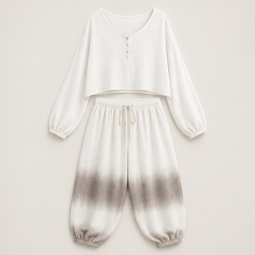 Olive Ombre Two Piece Matching Set | Bohemian Cotton Gauze Top & Harem Trousers - Loose Casual Style Ivory