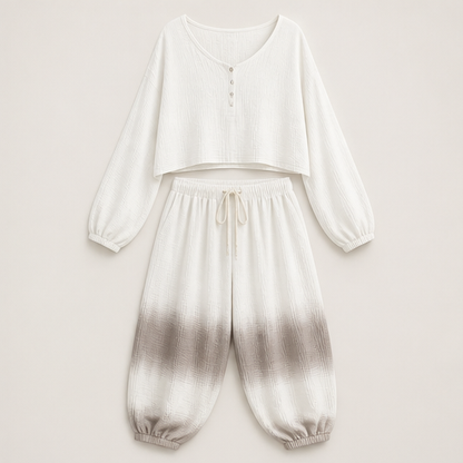 Olive Ombre Two Piece Matching Set | Bohemian Cotton Gauze Top & Harem Trousers - Loose Casual Style Ivory