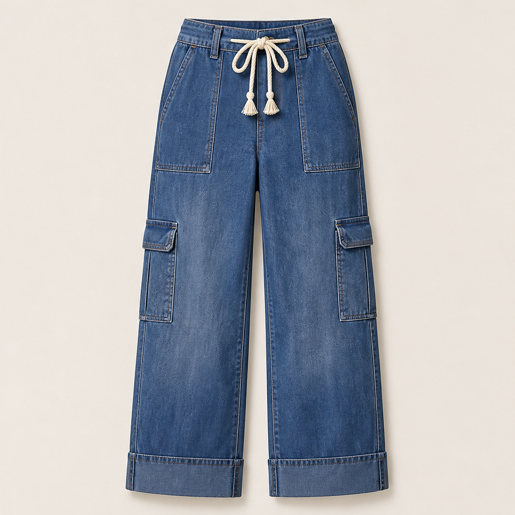 Wide Leg Cargo Trousers | Casual Denim-Style Pants for Women - Rope Tie Waist with Cargo Pockets Medium Wash Denim
