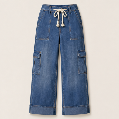 Wide Leg Cargo Trousers | Casual Denim-Style Pants for Women - Rope Tie Waist with Cargo Pockets Medium Wash Denim