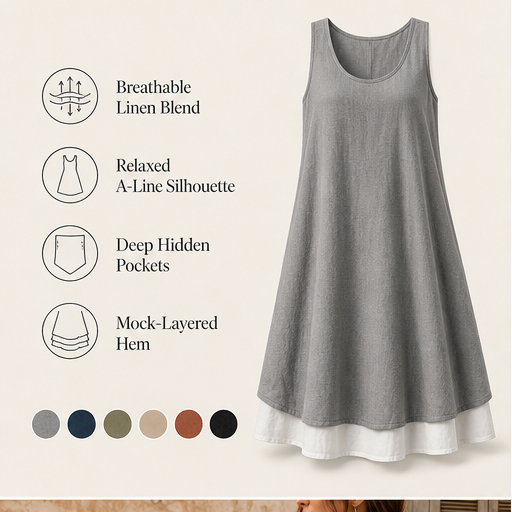 Grey Sleeveless Midi Dress | Fake 2-Piece Linen Blend A-Line - Mock Layered Hem with Pockets features