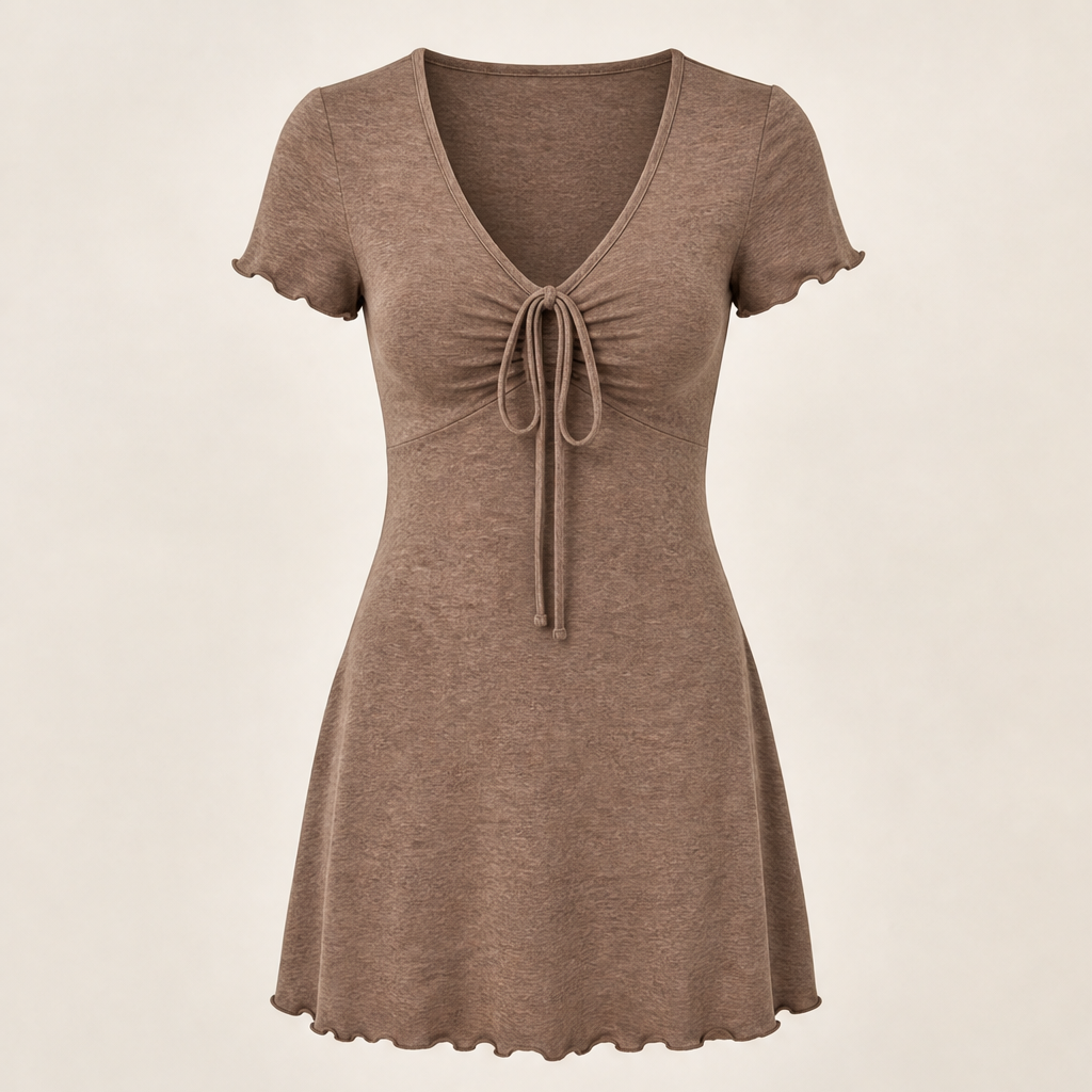 Taupe V-Neck Mini Dress | Cinch-Tie Front Fit-and-Flare - Short Sleeve Bodycon Style Taupe