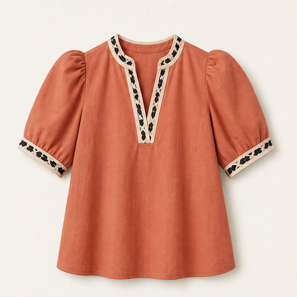 Marisol Women's Puff Sleeve Leopard Contrast Split Neckline Blouse Top Terracotta