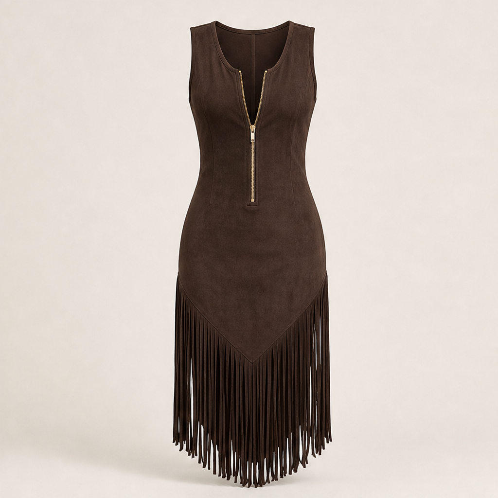 Black Fringe Western Dress | Retro Sleeveless Bodycon Midi - Zip Front with Tassel Hem Brown