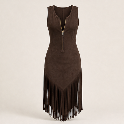 Black Fringe Western Dress | Retro Sleeveless Bodycon Midi - Zip Front with Tassel Hem Brown